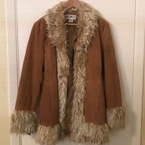 Mixit tan suede leather coat with faux fur trim